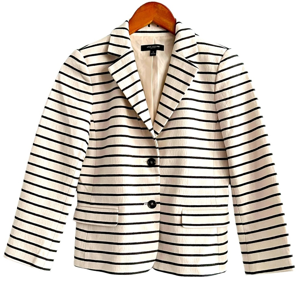 Ann Taylor Women’s Cream Navy Striped Blazer Jacket Size 0 XS Button VTG